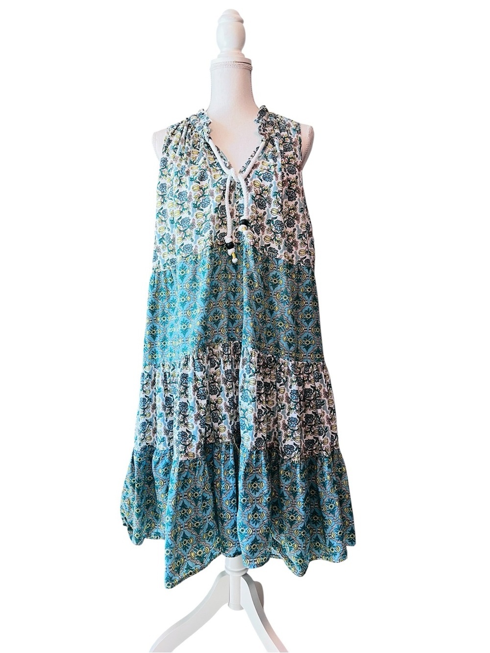 Chelsea & Theodore Teal and Soft Yellow Floral Sleeveless Tiered Midi Dress